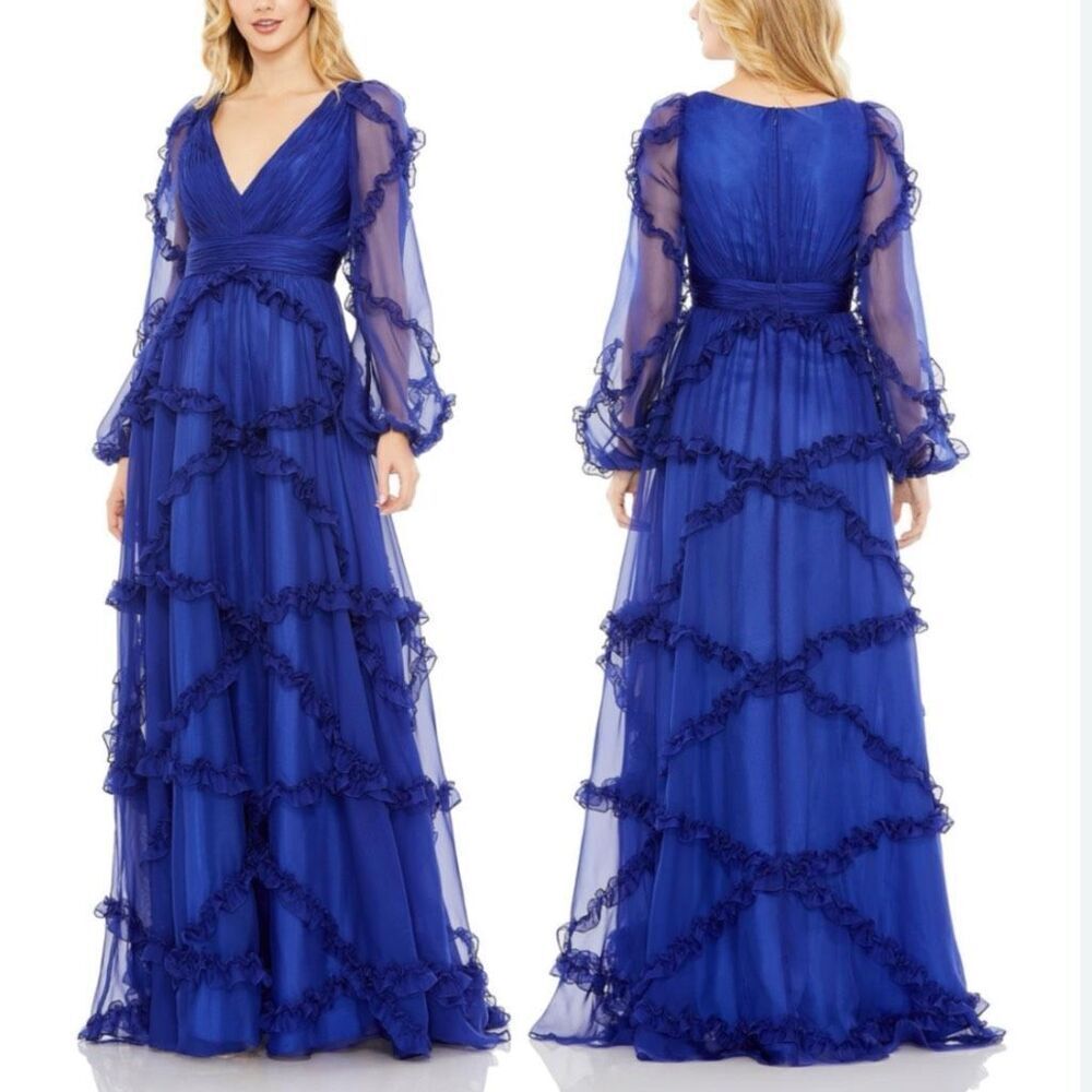 NWT Mac DuggalβCascade Ruffle Puff Sleeve A-Line Gown, in Sapphire. Size 2. Styl